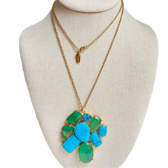 kate spade Jewelry - Kate Spade signed pendant necklace, green glass and faux turquoise in goldtone